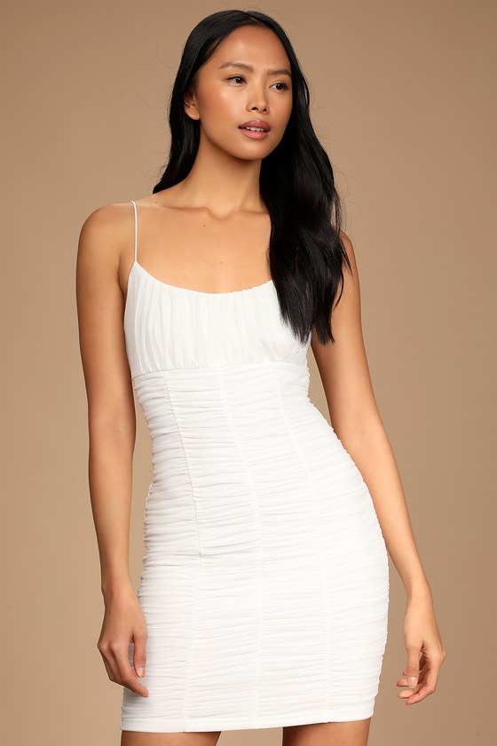 White Mini Dress - Ruched Bodycon Dress ...